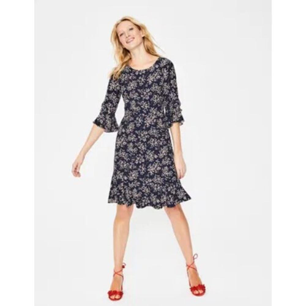 Boden Shift Dress Womens 12R Navy Floral Print Peplum Hem Round‎ Neck Back Zip